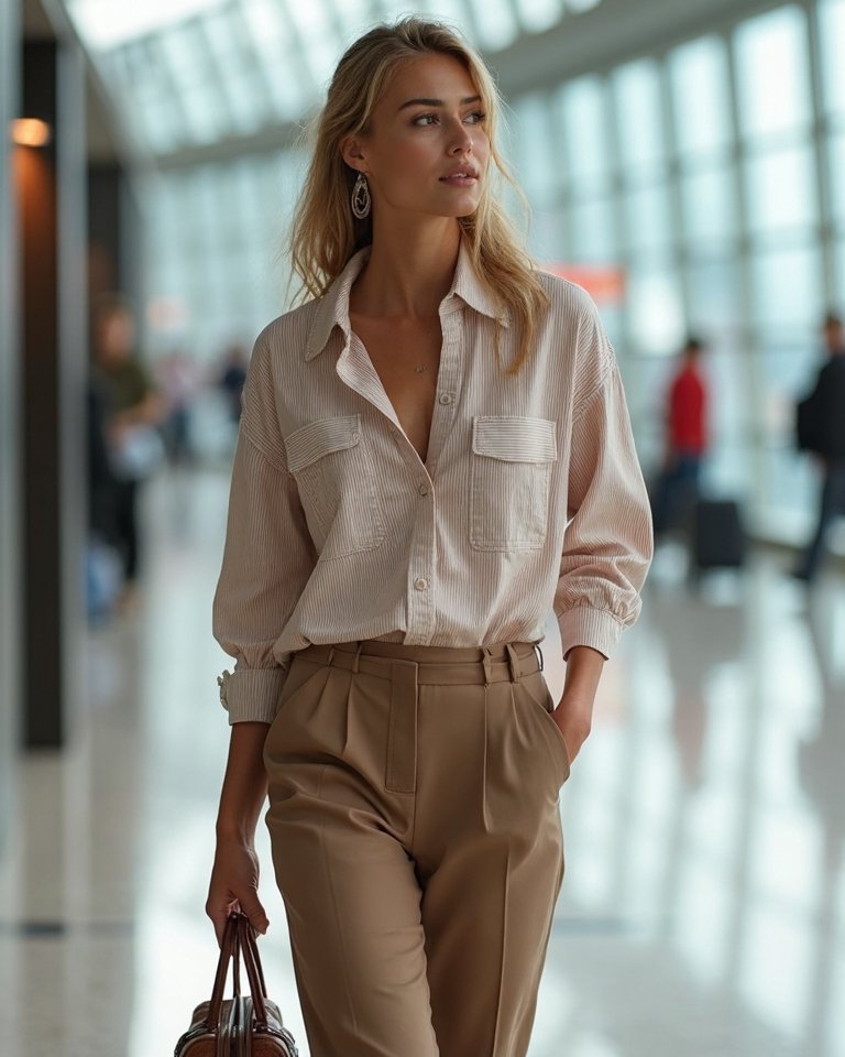 sophisticated comfortable layered travel outfit